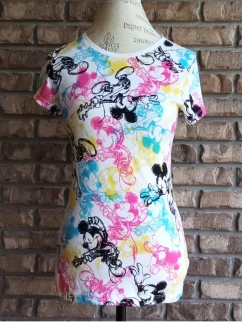 Disney White Short Sleeve Mickey Mouse Tee with Pink Blue Yellow Accents